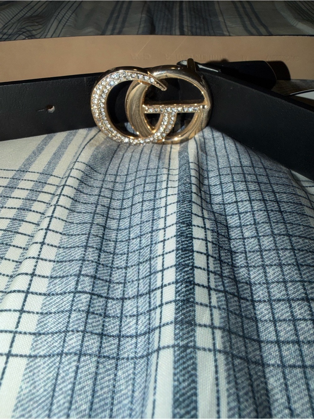 BKE Black Leather Belt with Gold Crystal Double-G Buckle